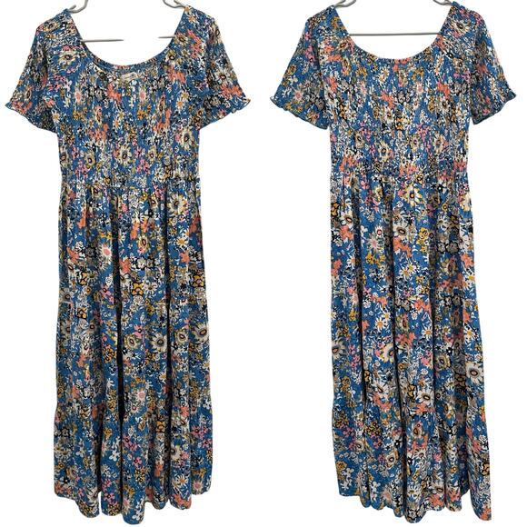 Natural Life Daisy Tiered Midi Sun Dress Blue Floral Multi Shirred Boho Cottage - Picture 1 of 10